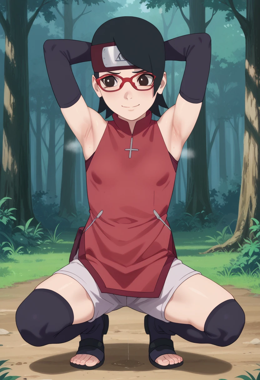  1 girl, nsfw,hughres, , short hair,  red frame glasses  , dark eyes, black hair ,  worried expression ,smile，small breasts, headband, red sleeveless dress, detached sleeves, shorts, thighhighs, toeless shoes ,forest,Armpit,Armpit wrinkles,Armpit smell,Armpit juice, arms up,stretch,pubic hair, underhair,squat down, Embarrassing,streaming Armpit