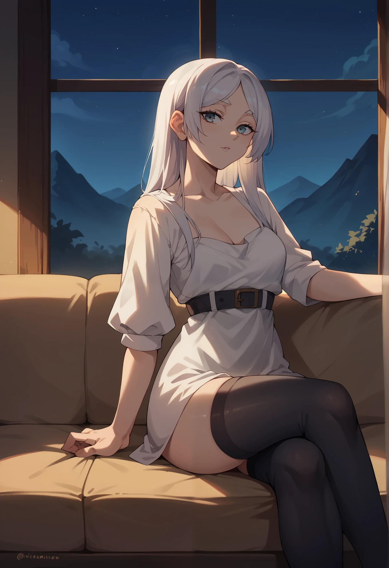 solo, Frieren, white hair, black thigh highs, sexy pose, sitting on a couch, mountain cottage, night time, beautiful lighting,