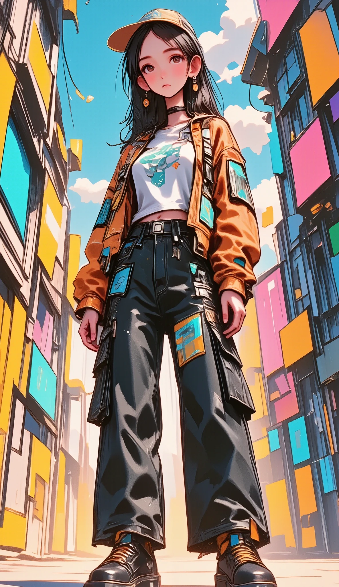    occupies the entire body    ,      a woman wearing a jacket and wide black pants with a hat with visor black sneakers with orange stripes,    long straps on the jacket and pants Cyberpunk art by Russell Dongjun Lu   , Trend in CG  Society, arte digital, Cyberpunk streetwear,   Techwear appearance and clothing   , wearing Cyberpunk streetwear,    Technological clothing of the future   , futuristic techwear,   cyberpunk style  ,   Cyberpunk technical clothing  , technological fashion  ,    Character design Cyberpunk   , cyberpunk clothing,     vector art by Yamagata Hiro    ,  Trend in CG    , esteticismo,  wearing blue and yellow clothes , anime     full body illustration    ,     full body illustration    ,     illustration style    ,    bright and cheerful colors  ,  clothing warm colors  , Phone background, y2k style, y2k style,    beautiful artistic style   