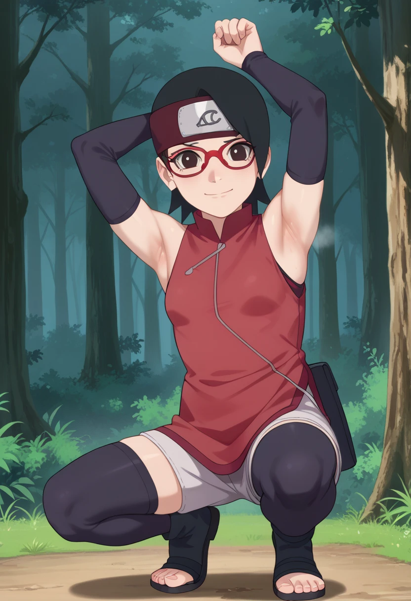  1 girl, nsfw,hughres, , short hair,  red frame glasses  , dark eyes, black hair ,  worried expression ,smile，small breasts, headband, red sleeveless dress, detached sleeves, shorts, thighhighs, toeless shoes ,forest,Armpit,Armpit wrinkles,Armpit smell,Armpit juice, arms up,stretch,pubic hair, underhair,squat down, Embarrassing,streaming Armpit