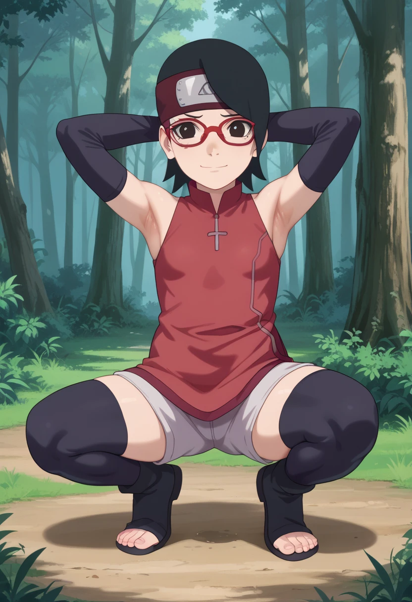  1 girl, nsfw,hughres, , short hair,  red frame glasses  , dark eyes, black hair ,  worried expression ,smile，small breasts, headband, red sleeveless dress, detached sleeves, shorts, thighhighs, toeless shoes ,forest,Armpit,Armpit wrinkles,Armpit smell,Armpit juice, arms up,stretch,pubic hair, underhair,squat down, Embarrassing,streaming Armpit