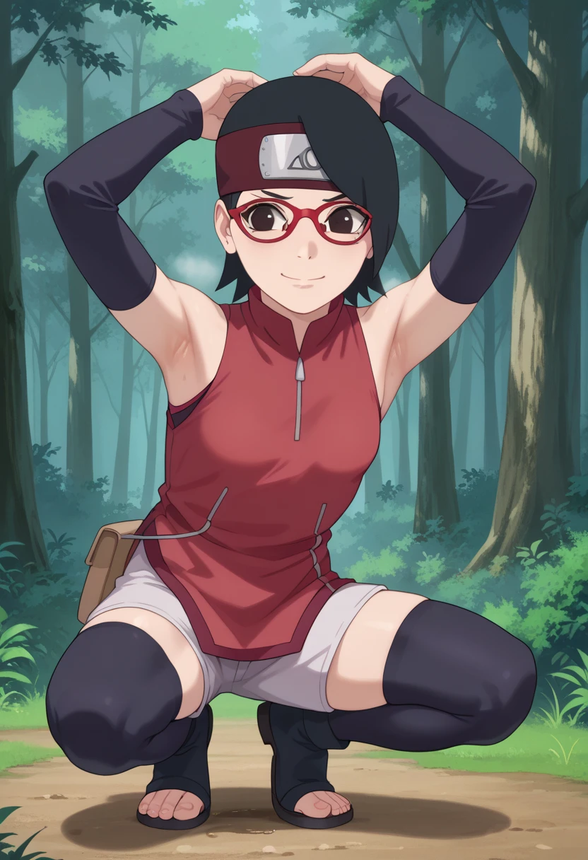  1 girl, nsfw,hughres, , short hair,  red frame glasses  , dark eyes, black hair ,  worried expression ,smile，small breasts, headband, red sleeveless dress, detached sleeves, shorts, thighhighs, toeless shoes ,forest,Armpit,Armpit wrinkles,Armpit smell,Armpit juice, arms up,stretch,pubic hair, underhair,squat down, Embarrassing,streaming Armpit