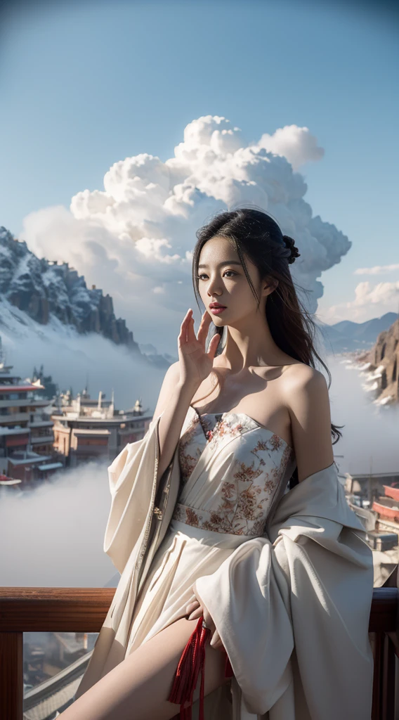 elaborate Hanfu, ((cowboy shot)), ((Bare shoulder)), ((Short hemlines, sexy long legs)), realistic detailed photo of a giant breasted girl with exposed shoulders, detailed fingers, high quality skin, red eyes, alone in a winter scene with clouds, wind, and flowing hair, (best quality,4k,8k,highres,masterpiece:1.2),ultra-detailed,(realistic,photorealistic,photo-realistic:1.37),studio lighting,vivid colors