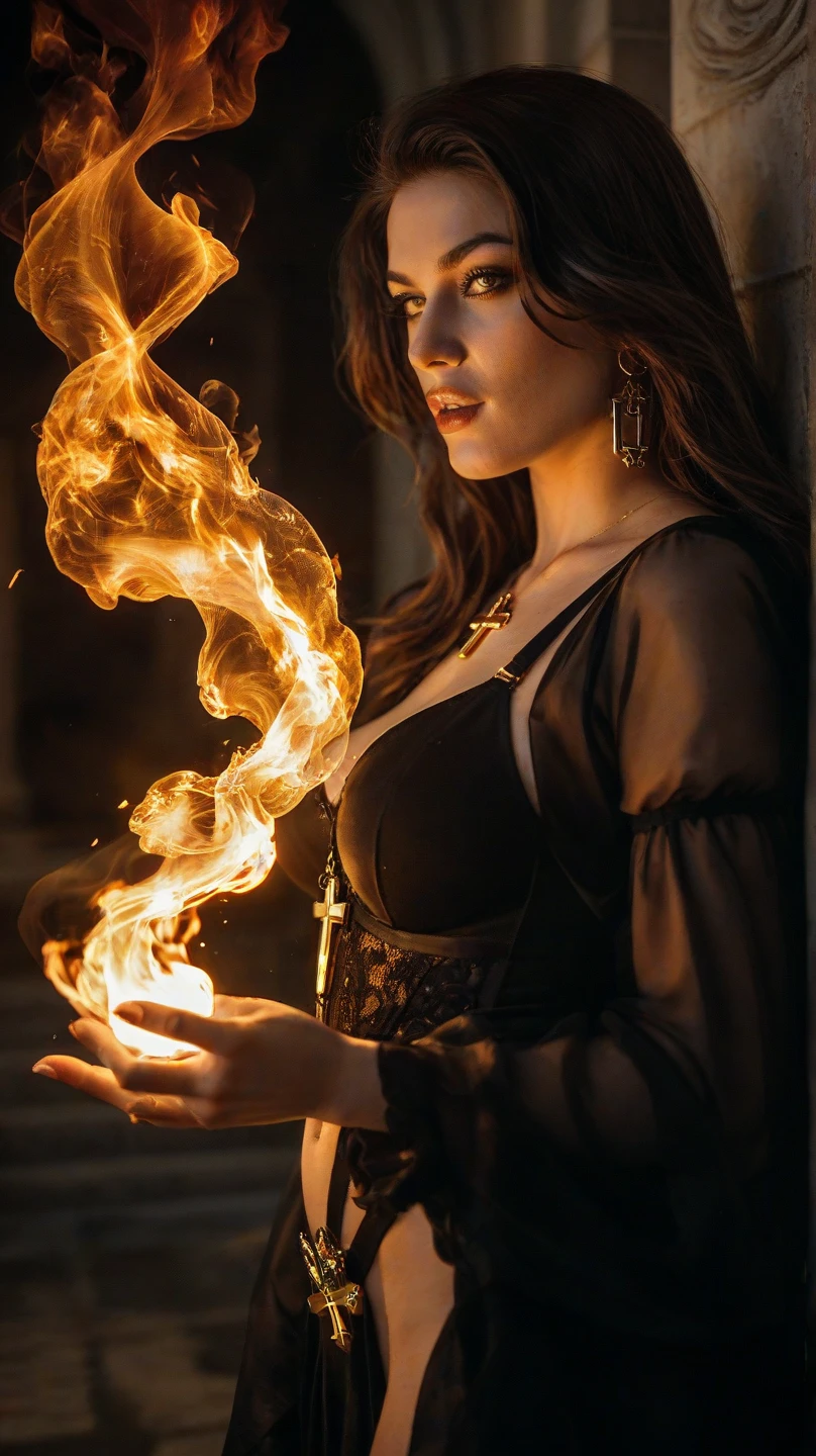 An intense fantasy image showing a lone female figure standing in the middle of a fiery, golden aura with smoke and shadows swirling around them. The figure holds a glowing cross-like symbol in their hand, blending elements of divine light and rebellion. The background combines warm golden tones with dark, smoky elements for contrast.