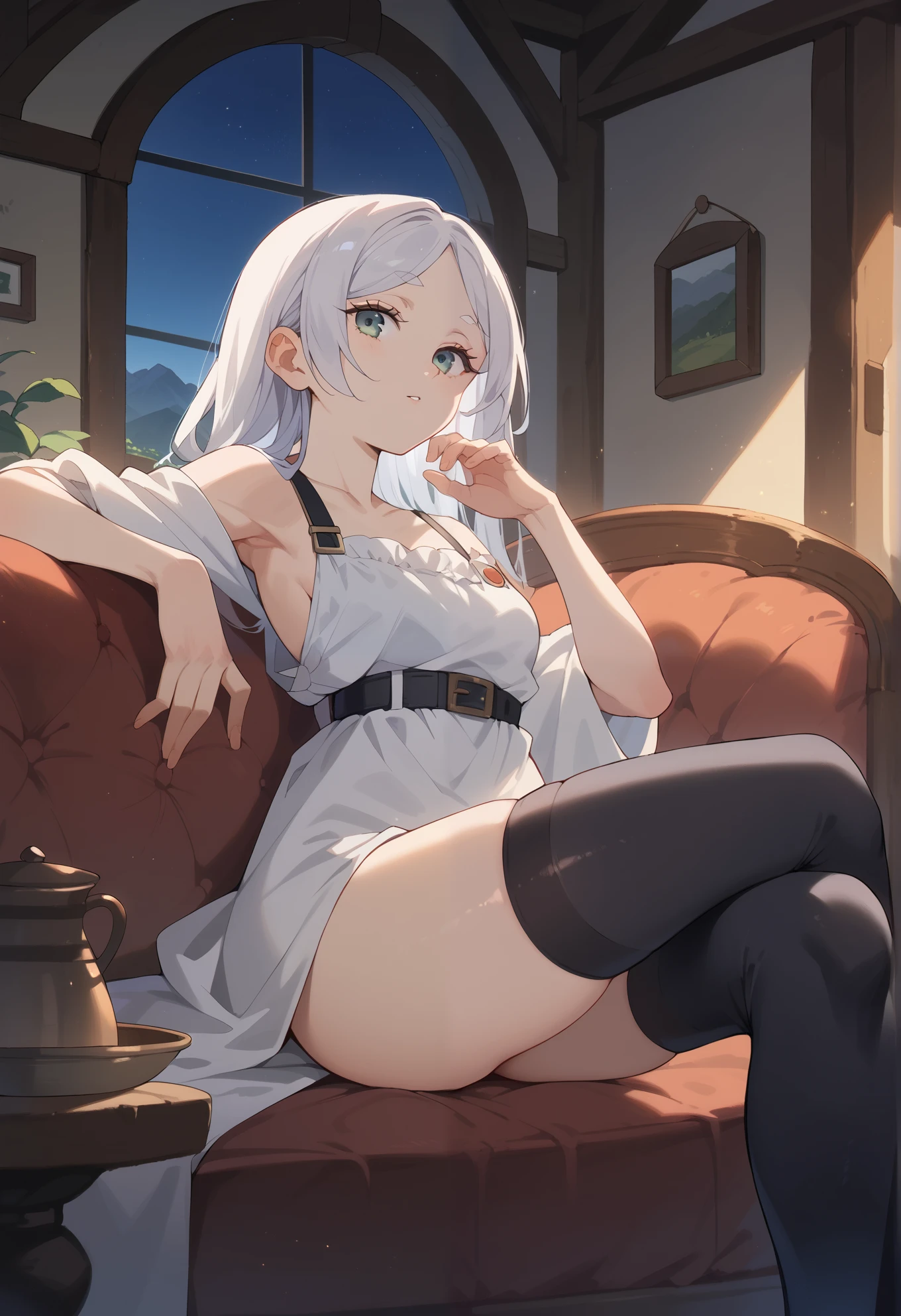 solo, Frieren, white hair, black thigh highs, sexy pose, sitting on a couch, mountain cottage, night time, beautiful lighting,