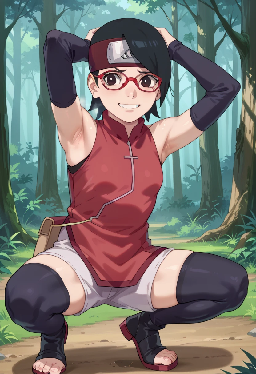  1 girl, nsfw,hughres, , short hair,  red frame glasses  , dark eyes, black hair ,  worried expression ,smile，small breasts, headband, red sleeveless dress, detached sleeves, shorts, thighhighs, toeless shoes ,forest,Armpit,Armpit wrinkles,Armpit smell,Armpit juice, arms up,stretch,pubic hair, underhair,squat down, Embarrassing,streaming Armpit