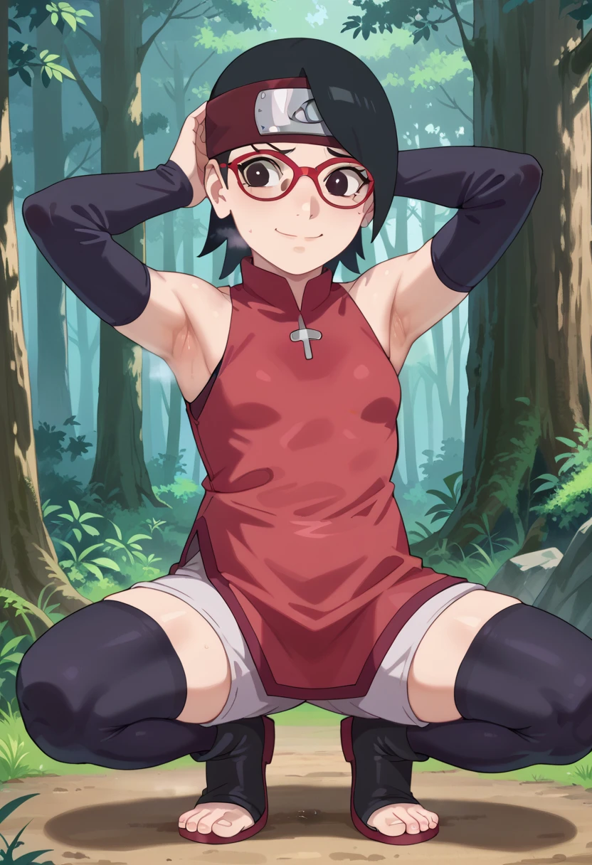  1 girl, nsfw,hughres, , short hair,  red frame glasses  , dark eyes, black hair ,  worried expression ,smile，small breasts, headband, red sleeveless dress, detached sleeves, shorts, thighhighs, toeless shoes ,forest,Armpit,Armpit wrinkles,Armpit smell,Armpit juice, arms up,stretch,pubic hair, underhair,squat down, Embarrassing,streaming Armpit