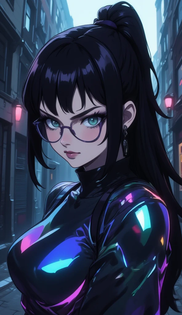 anime art style, 8k, masterpiece, cinematic, (Portrait), petite girl, mature, green eyes, (long messy hair, fringe bangs with pony tail), pale skin, lean tall body, (sexy mock-neck top, reflective rainbow silver color, glasses), dark alleyway, side ways photo, evil smiling, bust photo