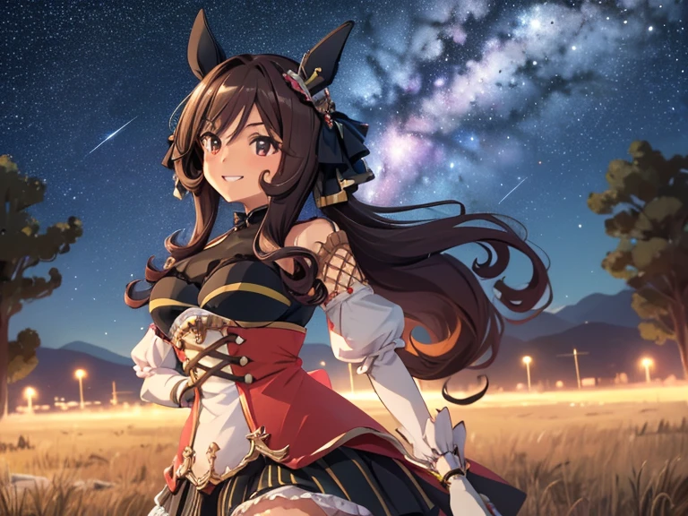 best quality, absurdres, masterpiece, 
Gentildonna \(Uma Musume\),
masterpiece, best quality, detailed, beautiful, woman, delightful, grinning, running at full speed, in the space, surrounded by stars and a meteor shower, at midnight, beautiful, upper body