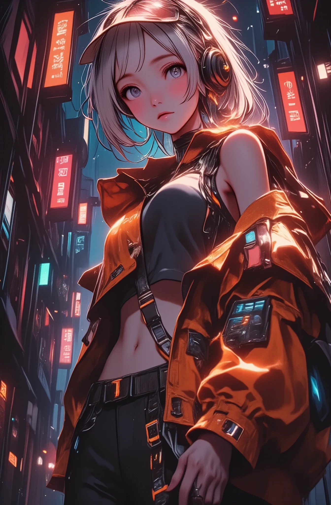    occupies the entire body    ,      a woman wearing a jacket and wide black pants with a hat with visor black sneakers with orange stripes,    long straps on the jacket and pants Cyberpunk art by Russell Dongjun Lu   , Trend in CG  Society, arte digital, Cyberpunk streetwear,   Techwear appearance and clothing   , wearing Cyberpunk streetwear,    Technological clothing of the future   , futuristic techwear,   cyberpunk style  ,   Cyberpunk technical clothing  , technological fashion  ,    Character design Cyberpunk   , cyberpunk clothing,     vector art by Yamagata Hiro    ,  Trend in CG    , esteticismo,  wearing blue and yellow clothes , anime     full body illustration    ,     full body illustration    ,     illustration style    ,    bright and cheerful colors  ,  clothing warm colors  , Phone background, y2k style, y2k style,    beautiful artistic style   