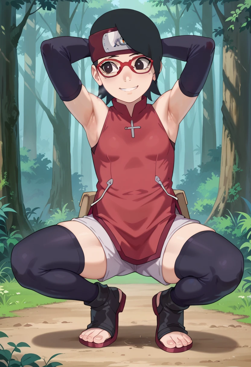  1 girl, nsfw,hughres, , short hair,  red frame glasses  , dark eyes, black hair ,  worried expression ,smile，small breasts, headband, red sleeveless dress, detached sleeves, shorts, thighhighs, toeless shoes ,forest,Armpit,Armpit wrinkles,Armpit smell,Armpit juice, arms up,stretch,pubic hair, underhair,squat down, Embarrassing,streaming Armpit