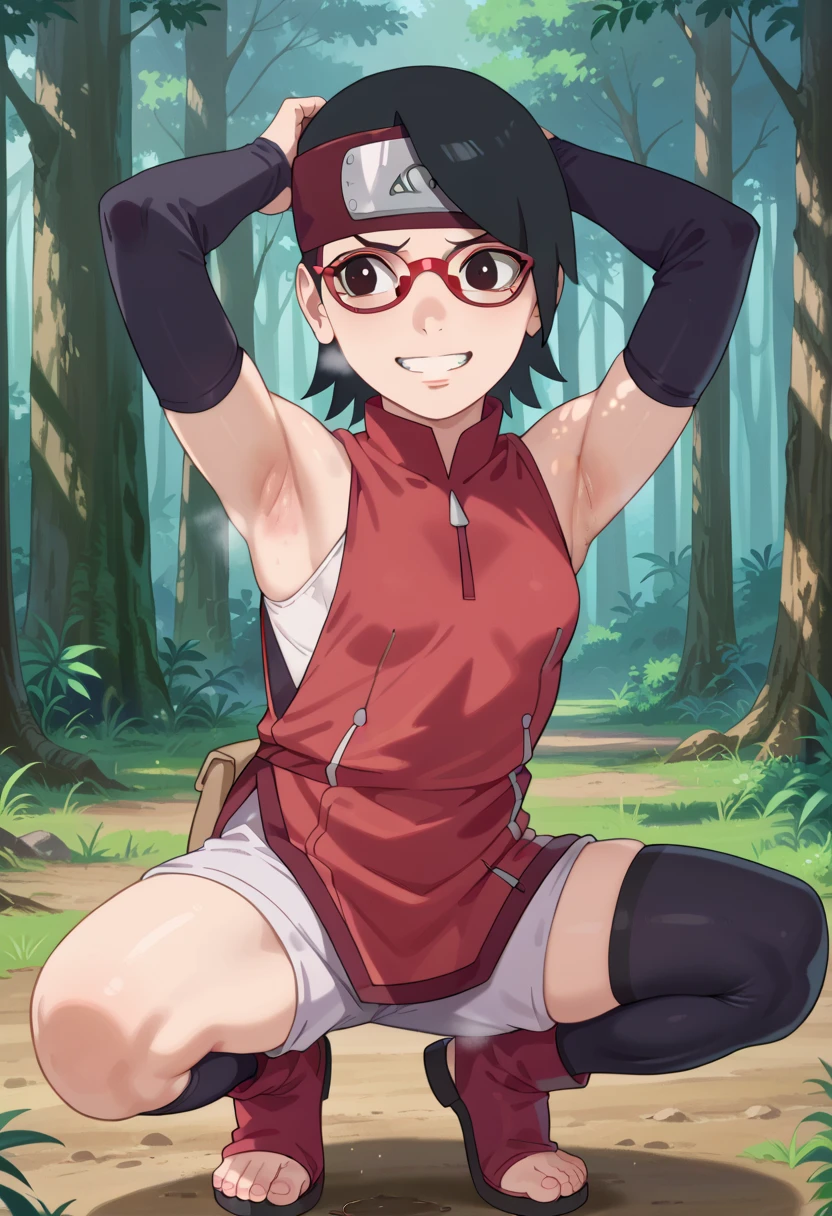  1 girl, nsfw,hughres, , short hair,  red frame glasses  , dark eyes, black hair ,  worried expression ,smile，small breasts, headband, red sleeveless dress, detached sleeves, shorts, thighhighs, toeless shoes ,forest,Armpit,Armpit wrinkles,Armpit smell,Armpit juice, arms up,stretch,pubic hair, underhair,squat down, Embarrassing,streaming Armpit