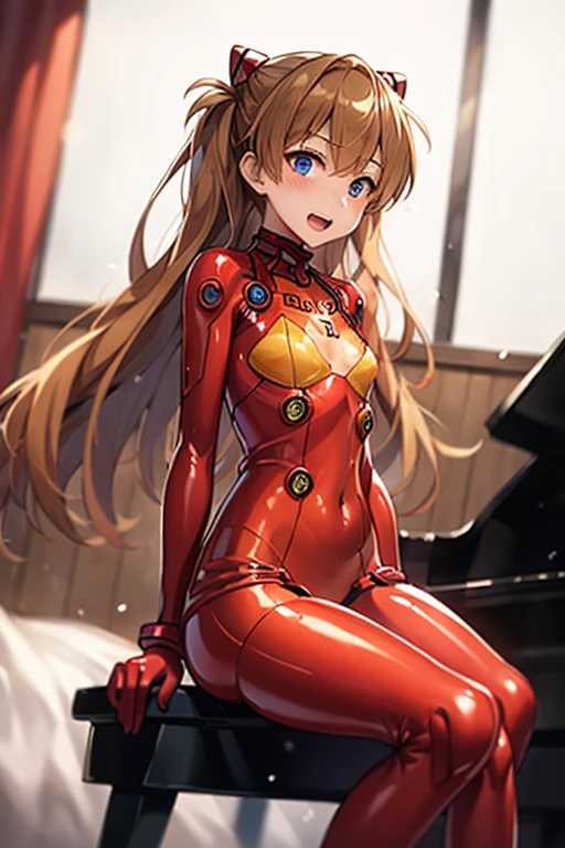 (( top quality)), ((masterpiece)), (be familiar with),  perfect face, indoor, bedroom,  watching viewers,
One woman,  Soryu Asuka Langley,
 open mouth,  ecstatic expression beside the piano, blush, smile,
 small tits,  flat chested, Young girl, Lori,  s,  girl,
 long hair,  Twin Tails ,
Leg spread,