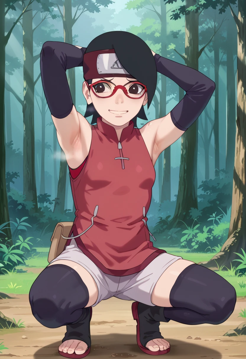  1 girl, nsfw,hughres, , short hair,  red frame glasses  , dark eyes, black hair ,  worried expression ,smile，small breasts, headband, red sleeveless dress, detached sleeves, shorts, thighhighs, toeless shoes ,forest,Armpit,Armpit wrinkles,Armpit smell,Armpit juice, arms up,stretch,pubic hair, underhair,squat down, Embarrassing,streaming Armpit