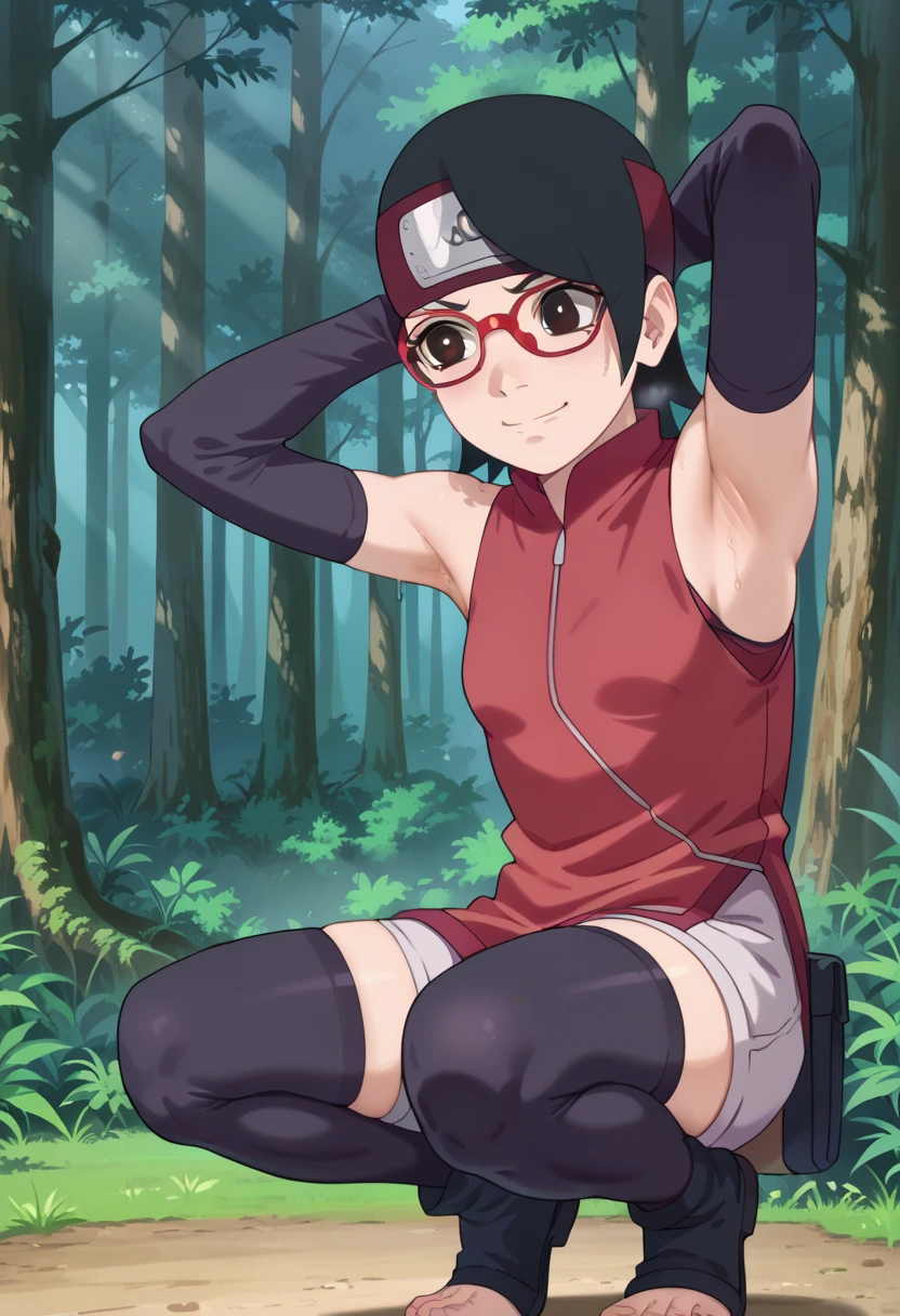  1 girl, nsfw,hughres, , short hair,  red frame glasses  , dark eyes, black hair ,  worried expression ,smile，small breasts, headband, red sleeveless dress, detached sleeves, shorts, thighhighs, toeless shoes ,forest,Armpit,Armpit wrinkles,Armpit smell,Armpit juice, arms up,stretch,pubic hair, underhair,squat down, Embarrassing,streaming Armpit