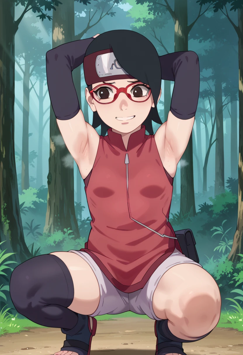  1 girl, nsfw,hughres, , short hair,  red frame glasses  , dark eyes, black hair ,  worried expression ,smile，small breasts, headband, red sleeveless dress, detached sleeves, shorts, thighhighs, toeless shoes ,forest,Armpit,Armpit wrinkles,Armpit smell,Armpit juice, arms up,stretch,pubic hair, underhair,squat down, Embarrassing,streaming Armpit