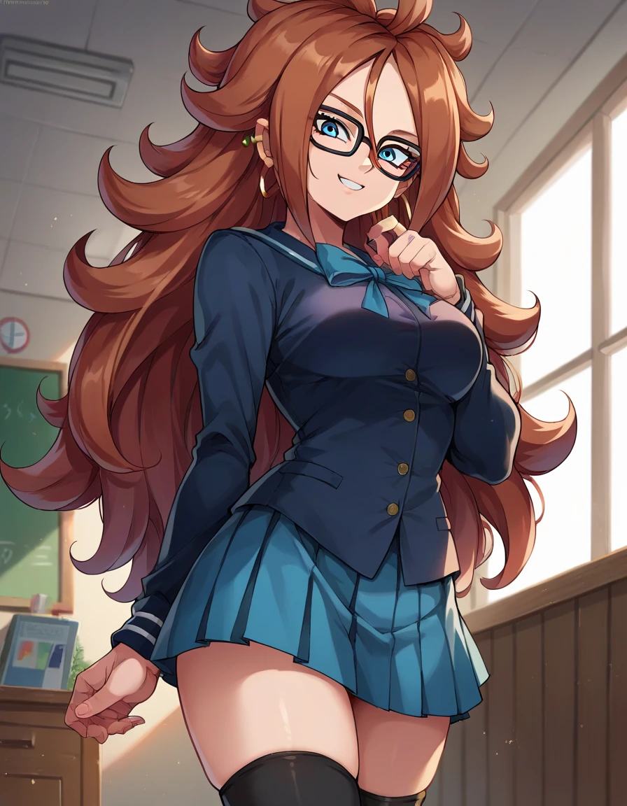 score_9, score_8_up, score_7_up, source_anime,
android21, android 21, blue eyes, brown hair, glasses, long hair, very long hair, black-framed eyewear, smile,
school uniform, pleated mini skirt, black socks, thigh highs
indoors,
looking at viewer, dutch angle, cowboy shot,