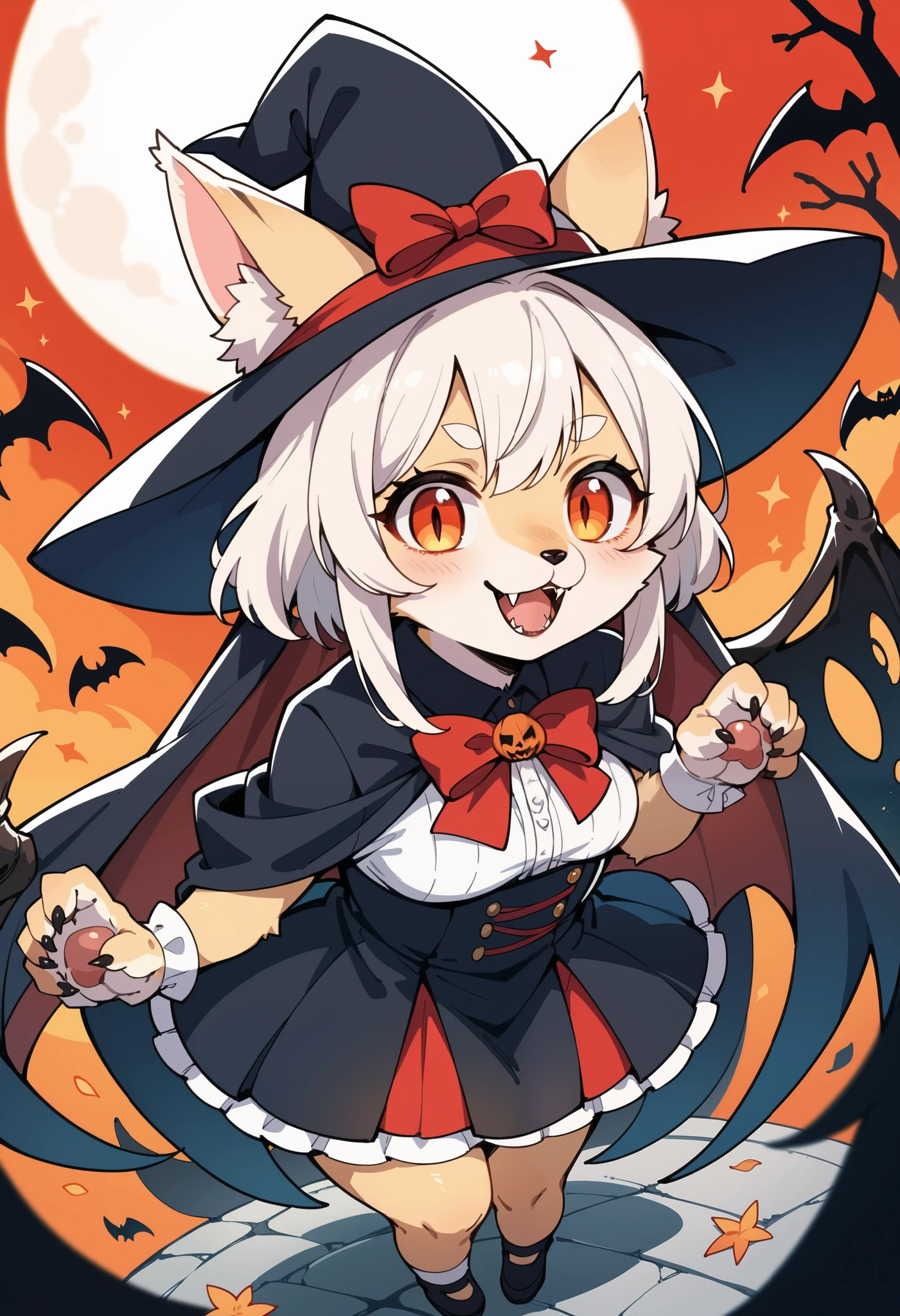 score_9, score_8_up, score_7_up, score_6_up, score_5_up, score_4_up, source_furry, hires, masterpiece, absurdres, perfect anatomy(epic, dynamic angle)While creating a Halloween atmosphere, vampire with furry elements(kemono, super cute girl, solo focus)(furry anthro)Scene of a red full moon with a strong horror color,