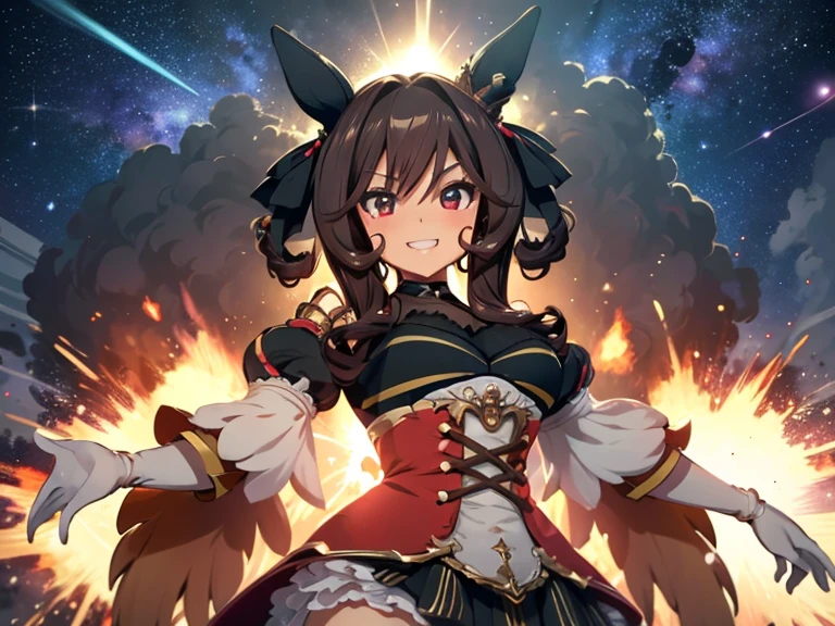 best quality, absurdres, masterpiece, 
Gentildonna \(Uma Musume\),
masterpiece, best quality, detailed, beautiful, woman, delightful, grinning, running at full speed, looking at viewer, in the space, with a meteorite, with a big explosion in the background, at midnight, beautiful, upper body, front view