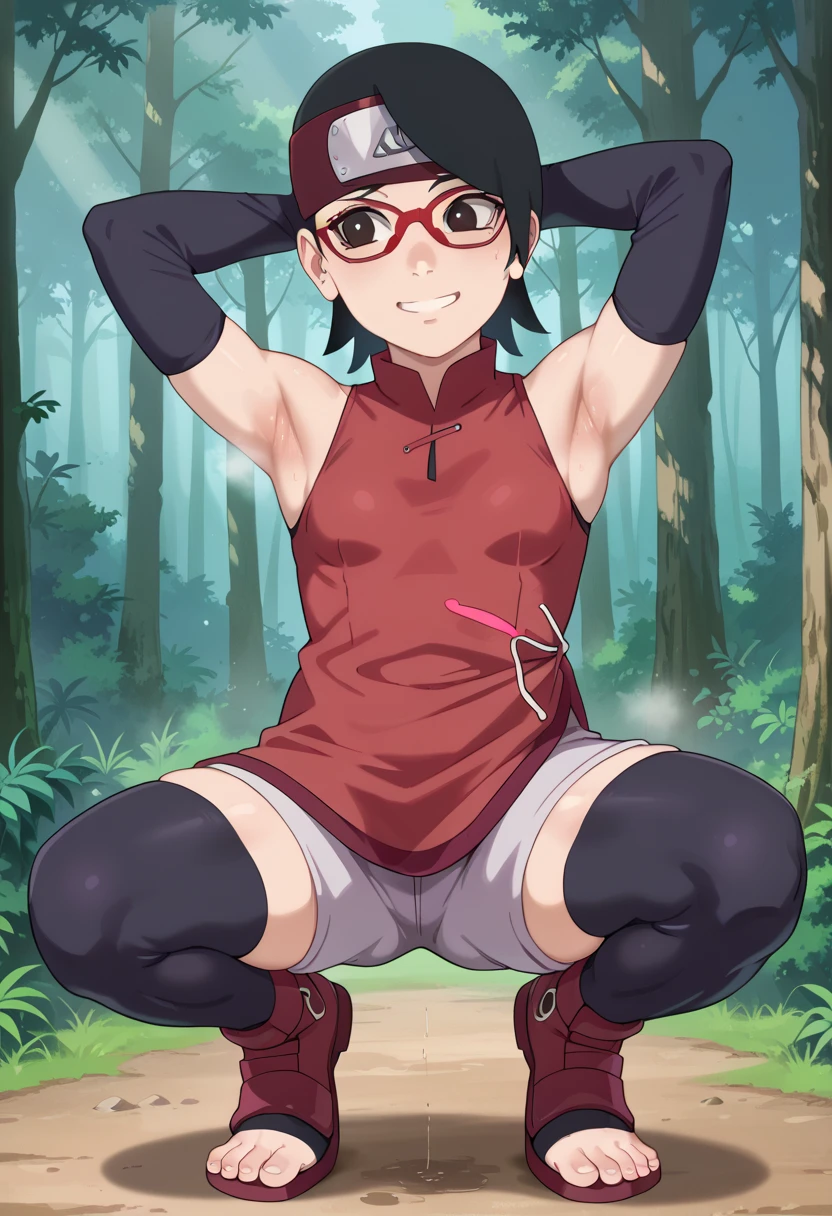  1 girl, nsfw,hughres, , short hair,  red frame glasses  , dark eyes, black hair ,  worried expression ,smile，small breasts, headband, red sleeveless dress, detached sleeves, shorts, thighhighs, toeless shoes ,forest,Armpit,Armpit wrinkles,Armpit smell,Armpit juice, arms up,stretch,pubic hair, underhair,squat down, Embarrassing,streaming Armpit