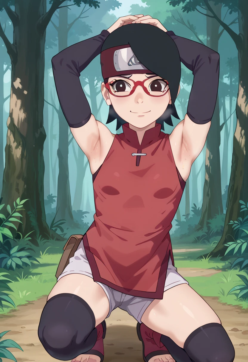  1 girl, nsfw,hughres, , short hair,  red frame glasses  , dark eyes, black hair ,  worried expression ,smile，small breasts, headband, red sleeveless dress, detached sleeves, shorts, thighhighs, toeless shoes ,forest,Armpit,Armpit wrinkles,Armpit smell,Armpit juice, arms up,stretch,pubic hair, underhair,squat down, Embarrassing,streaming Armpit