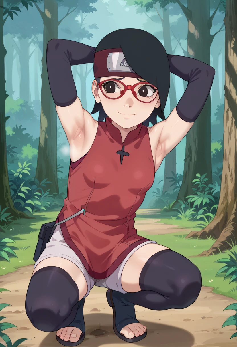  1 girl, nsfw,hughres, , short hair,  red frame glasses  , dark eyes, black hair ,  worried expression ,smile，small breasts, headband, red sleeveless dress, detached sleeves, shorts, thighhighs, toeless shoes ,forest,Armpit,Armpit wrinkles,Armpit smell,Armpit juice, arms up,stretch,pubic hair, underhair,squat down, Embarrassing,streaming Armpit