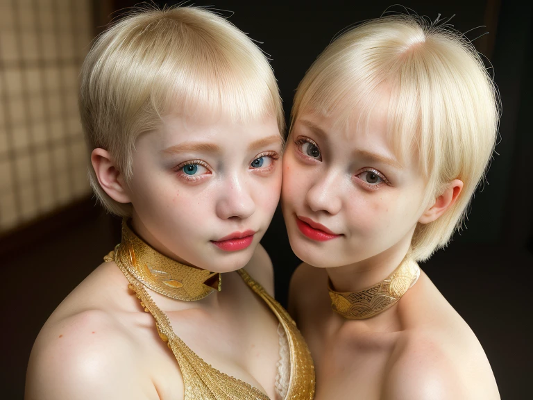 2girls, highly detailed portrait, albino girls, big smile, extremely detailed eyes and face, longeyelashes, very short shaved haircut, revealing gold tight kimono lace, cleavage, large medicis collar, massive breasts, viewed from above, (best quality,4k,8k,highres,masterpiece:1.2),ultra-detailed,(realistic,photorealistic,photo-realistic:1.37),portrait,fantasy,dramatic lighting,vibrant colors,glowing skin