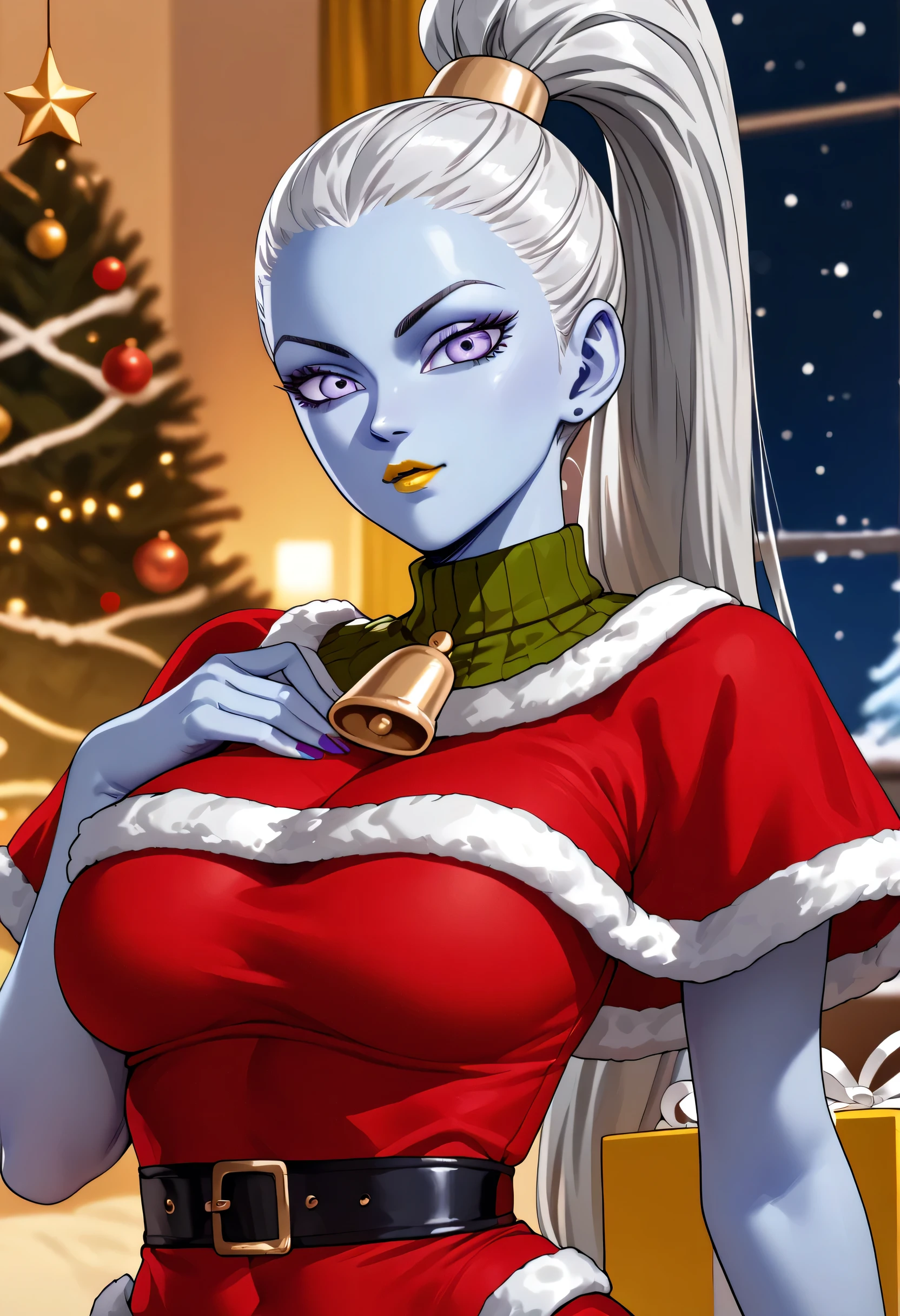 1 girl, vados, big breasts, slim body, christmas, denying, christmas outfit, blue skin, white hair, looking at viewer, yellow lipstick, big hair, ponytail, light violet eyes.