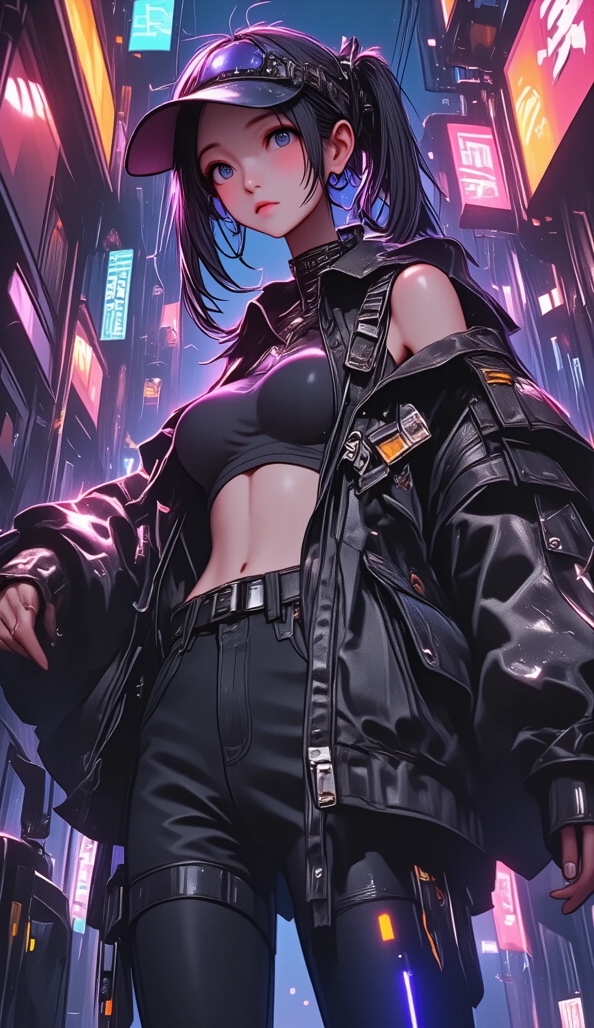    occupies the entire body    ,      a woman wearing a jacket and wide black pants with a hat with visor black sneakers with orange stripes,    long straps on the jacket and pants Cyberpunk art by Russell Dongjun Lu   , Trend in CG  Society, arte digital, Cyberpunk streetwear,   Techwear appearance and clothing   , wearing Cyberpunk streetwear,    Technological clothing of the future   , futuristic techwear,   cyberpunk style  ,   Cyberpunk technical clothing  , technological fashion  ,    Character design Cyberpunk   , cyberpunk clothing,     vector art by Yamagata Hiro    ,  Trend in CG    , esteticismo,  wearing blue and yellow clothes , anime     full body illustration    ,     full body illustration    ,     illustration style    ,    bright and cheerful colors  ,  clothing warm colors  , Phone background, y2k style, y2k style,    beautiful artistic style   