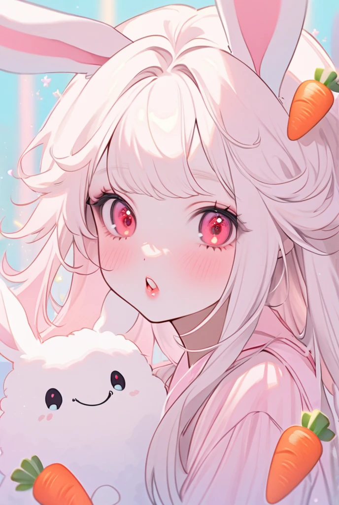 Girl, white hair, albino, beautiful, pastel pink shirt, pastel colors, lipgloss, brat, wide mouth, ethereal, submissive, white bunny ears, cute, fluffy ears, sweet, bunny teeth, red eyes, portrait, looking at the viewer, carrots in the background, fluffy hair, long hair