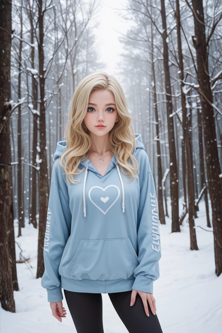 high production value modern fantasy-style candid picture of a young woman in her 30s with fair skin, very light make-up, soft face, layered shoulder-length medium blonde hair, blue-grey eyes, wearing a modern light blue hoodie, leggings, and small heart-shaped silver necklace, looking over her shoulder, standing in a moonlit snow-covered forest at night