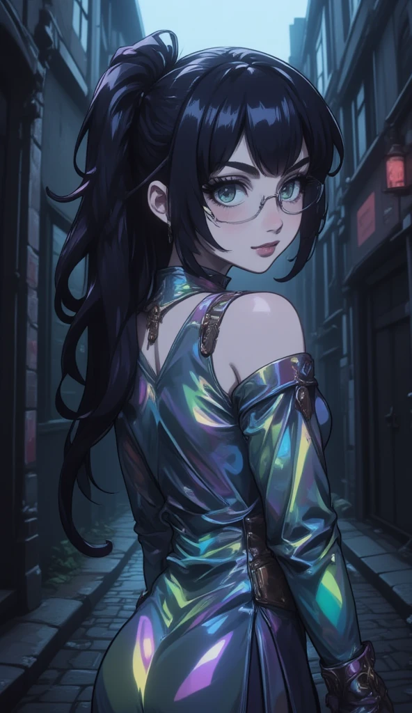 anime art style, 8k, masterpiece, cinematic, (Portrait), petite girl, mature, green eyes, (long messy hair, fringe bangs with pony tail), pale skin, lean tall body, (one piece gala dress, reflective rainbow silver color, glasses), dark alleyway, side ways photo, evil smiling, bust photo