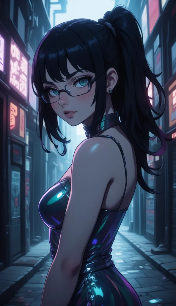 anime art style, 8k, masterpiece, cinematic, (Portrait),  girl, mature, green eyes, (long messy hair, fringe bangs with pony tail), pale skin, lean tall body, (one piece gala dress, reflective rainbow silver color, glasses), dark alleyway, side ways photo, evil smiling, bust photo