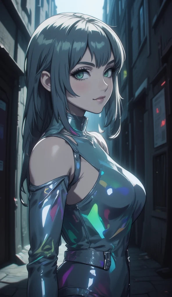 anime art style, 8k, masterpiece, cinematic, (Portrait), petite girl, mature, green eyes, (long messy hair, fringe bangs with pony tail), pale skin, lean tall body, (one piece gala dress, reflective rainbow silver color, glasses), dark alleyway, side ways photo, evil smiling, bust photo