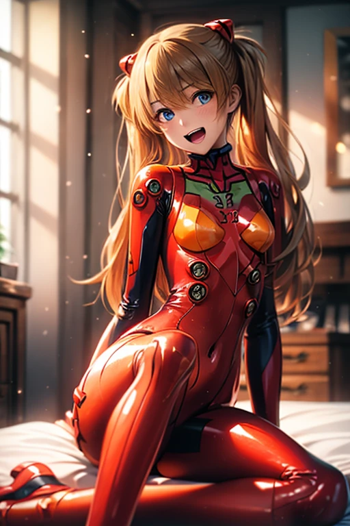 (( top quality)), ((masterpiece)), (be familiar with),  perfect face, indoor, bedroom,  watching viewers,
One woman,  Soryu Asuka Langley,
 open mouth,  ecstatic expression beside the piano, blush, smile,
 small tits,  flat chested, Young girl, Lori,  s,  girl,
 long hair,  Twin Tails ,
Leg spread,