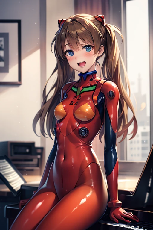 (( top quality)), ((masterpiece)), (be familiar with),  perfect face, indoor, bedroom,  watching viewers,
One woman,  Soryu Asuka Langley,
 open mouth,  ecstatic expression beside the piano, blush, smile,
 small tits,  flat chested, Young girl, Lori,  s,  girl,
 long hair,  Twin Tails ,
Leg spread,