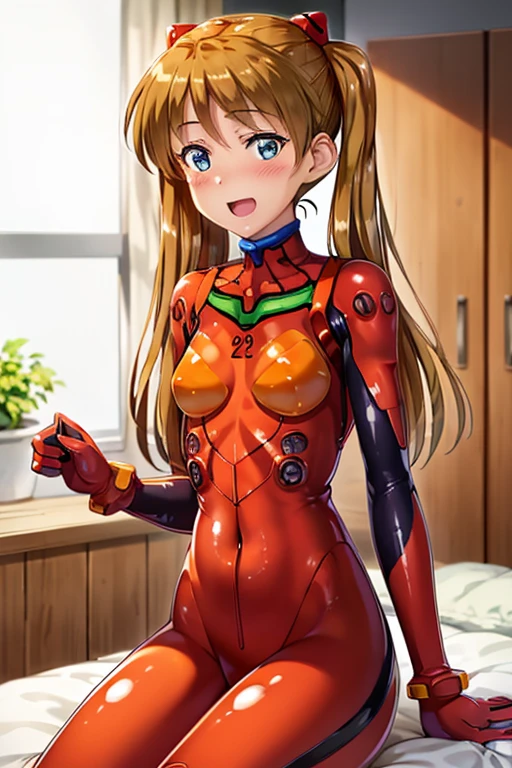 (( top quality)), ((masterpiece)), (be familiar with),  perfect face, indoor, bedroom,  watching viewers,
One woman,  Soryu Asuka Langley,
 open mouth,  ecstatic expression beside the piano, blush, smile,
 small tits,  flat chested, Young girl, Lori,  s,  girl,
 long hair,  Twin Tails ,
Leg spread,