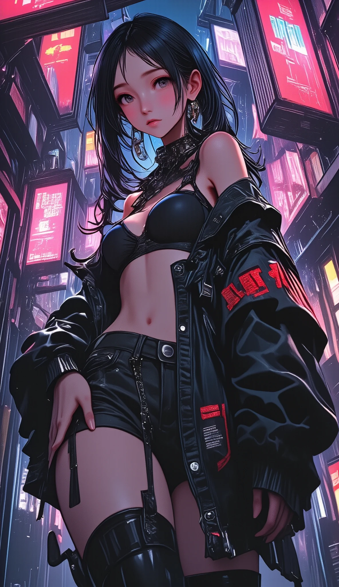  to a woman with long hair and a jacket posing in a city,  Cyberpunk anime girl with hoodie ,  Urban girl fan art ,  torn clothing ,   anime style ,  beautiful digital artwork , Style Ross Tran, bra and streetwear shorts, arte digital. @mariomaniacdude,  anime style  3d realista,  Vibrant cartoons of Rossdraws  , with the belly button exposed   , anime vibes. bottom\(In the alley,harajuku\(,Japan\),por la noche,Dark\).quality\(8K,bottom de pantalla de unidad CG extremadamente detallada,  High resolution, top-quality, top-quality real texture skin,   hyperrealistic ,   increase resolution  ,  RAW Photos Box, best quality,  highly detailed, The  , Golden Ratio ,   high saturation realism   ,   vibrant colors ,   dramatic lighting ,  Persuasive storytelling  ,   atmospheric scenery  ,  captivating images ,   intricate details  , strong emotions,dream world\).landscape