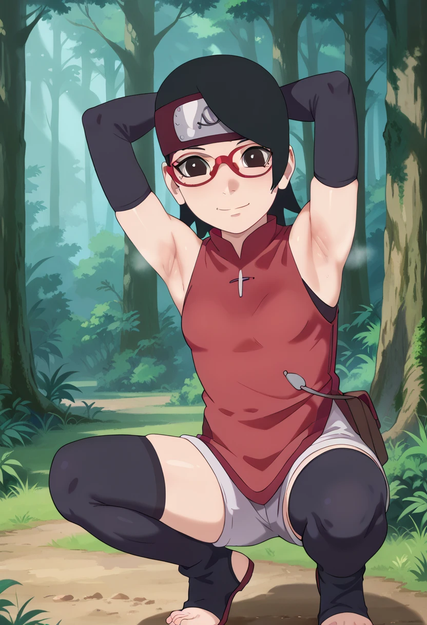  1 girl, nsfw,hughres, , short hair,  red frame glasses  , dark eyes, black hair ,  worried expression ,smile，small breasts, headband, red sleeveless dress, detached sleeves, shorts, thighhighs, toeless shoes ,forest,Armpit,Armpit wrinkles,Armpit smell,Armpit juice, arms up,stretch,pubic hair, underhair,squat down, Embarrassing,streaming Armpit