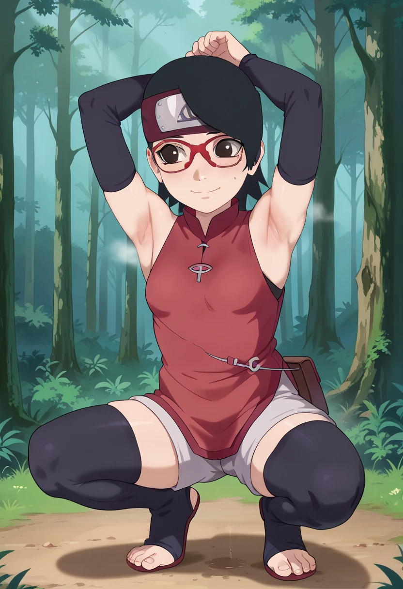  1 girl, nsfw,hughres, , short hair,  red frame glasses  , dark eyes, black hair ,  worried expression ,smile，small breasts, headband, red sleeveless dress, detached sleeves, shorts, thighhighs, toeless shoes ,forest,Armpit,Armpit wrinkles,Armpit smell,Armpit juice, arms up,stretch,pubic hair, underhair,squat down, Embarrassing,streaming Armpit