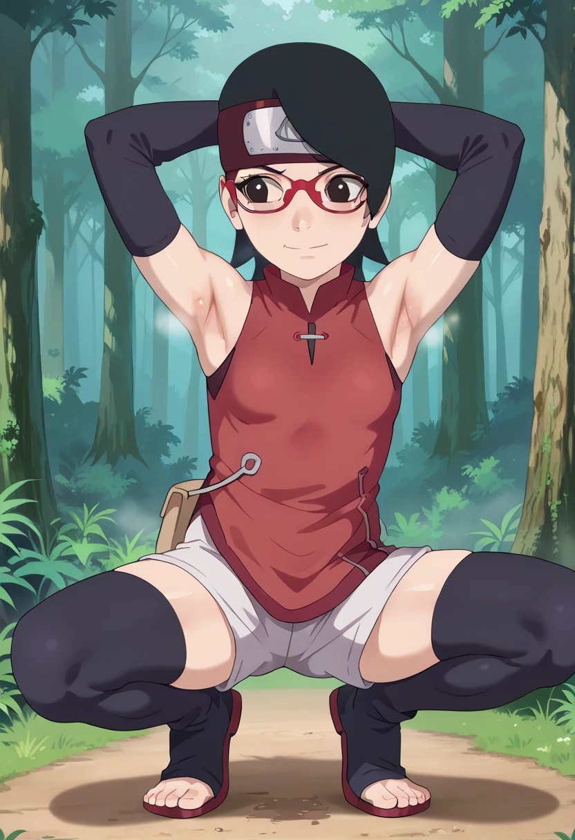  1 girl, nsfw,hughres, , short hair,  red frame glasses  , dark eyes, black hair ,  worried expression ,smile，small breasts, headband, red sleeveless dress, detached sleeves, shorts, thighhighs, toeless shoes ,forest,Armpit,Armpit wrinkles,Armpit smell,Armpit juice, arms up,stretch,pubic hair, underhair,squat down, Embarrassing,streaming Armpit