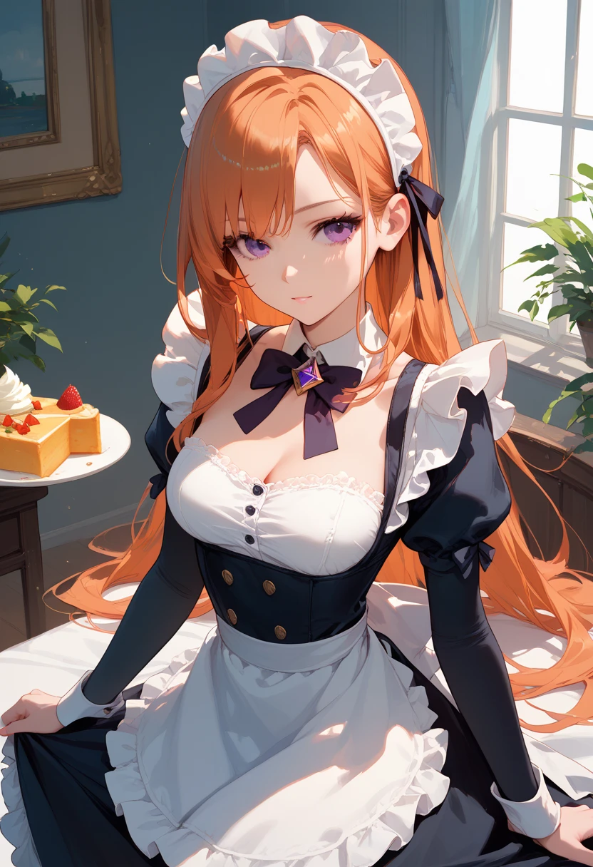 /draw apron orange_hair, light green color eyes, breasts breasts_out couch dress female frills gloves highres koruse large_breasts long_hair looking_at_viewer lying maid maid_apron maid_headdress no_panties original solo gloves black pantyhose lifts her skirt and shows her ass in pantyhose HD UHD HQ