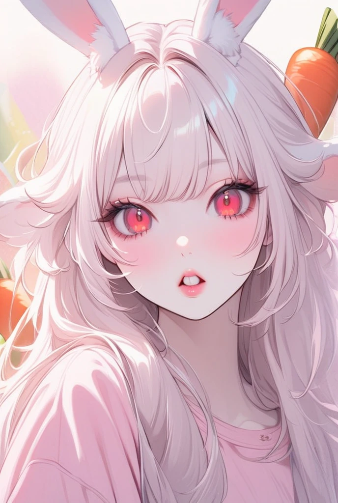 Girl, white hair, albino, beautiful, pastel pink shirt, pastel colors, lipgloss, brat, wide mouth, ethereal, submissive, white bunny ears, cute, fluffy ears, sweet, bunny teeth, red eyes, portrait, looking at the viewer, carrots in the background, fluffy hair, long hair