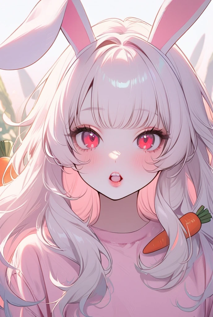 Girl, white hair, albino, beautiful, pastel pink shirt, pastel colors, lipgloss, brat, wide mouth, ethereal, submissive, white bunny ears, cute, fluffy ears, sweet, bunny teeth, red eyes, portrait, looking at the viewer, carrots in the background, fluffy hair, long hair