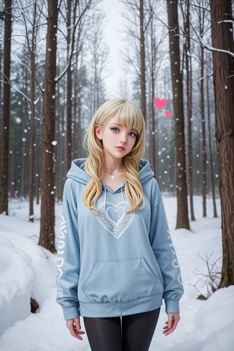 high production value modern fantasy-style candid picture of a young woman in her 30s with fair skin, very light make-up, soft face, layered shoulder-length medium blonde hair, blue-grey eyes, wearing a modern light blue hoodie, leggings, and small heart-shaped silver necklace, looking over her shoulder, standing in a moonlit snow-covered forest at night