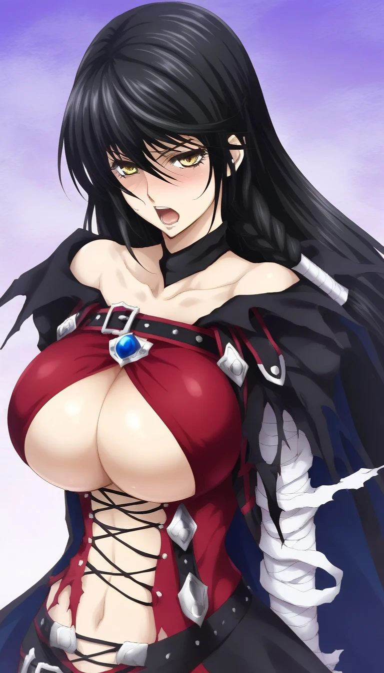 masterpiece,top-quality,source_anime,best quality, clear face,Velvet Crowe,tales of verseria,1girl,solo,black hair, long hair,gold eyes,very large breasts, perfect body,beauty,very huge breasts,narrow waist,bust size is 200cm over,sexy,soaked,seductive anime girl, oppai,biomechanical oppai,oppai proportions,Both hands are tied behind their backs and restrained,put both hands behind her back,shiny breasts,well-shaped breasts,Moaning,Sensual,Breasts I want to squeeze