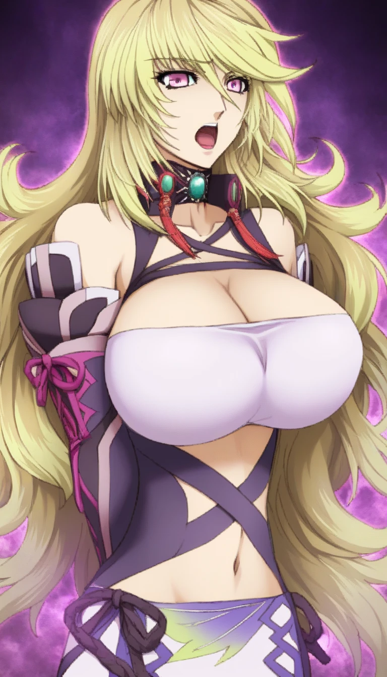 masterpiece,top-quality,source_anime,best quality, clear face,Milla Maxwell,tales of Xillia,1girl,solo,blonde hair, long hair,pink eyes,very large breasts,perfect body,beauty,very huge breasts,narrow waist,bust size is 200cm over,sexy,soaked,seductive anime girl, oppai,biomechanical oppai,oppai proportions,Both hands are tied behind their backs and restrained,put both hands behind her back,shiny breasts,well-shaped breasts,Moaning,Sensual,Breasts I want to squeeze