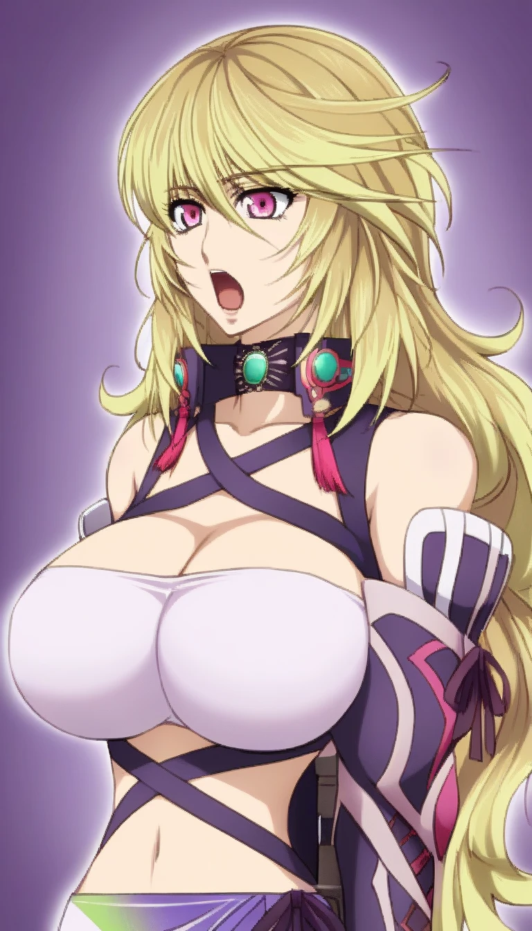 masterpiece,top-quality,source_anime,best quality, clear face,Milla Maxwell,tales of Xillia,1girl,solo,blonde hair, long hair,pink eyes,very large breasts,perfect body,beauty,very huge breasts,narrow waist,bust size is 200cm over,sexy,soaked,seductive anime girl, oppai,biomechanical oppai,oppai proportions,Both hands are tied behind their backs and restrained,put both hands behind her back,shiny breasts,well-shaped breasts,Moaning,Sensual,Breasts I want to squeeze