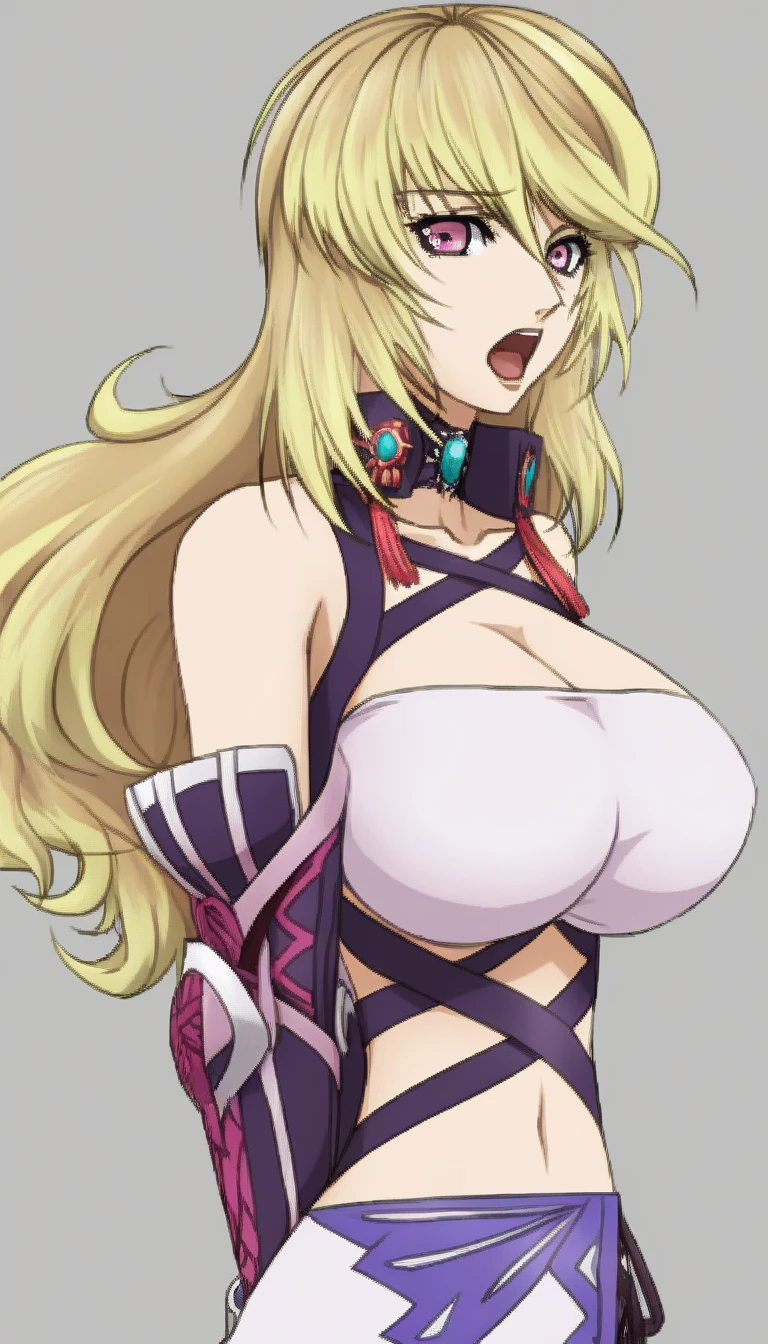 masterpiece,top-quality,source_anime,best quality, clear face,Milla Maxwell,tales of Xillia,1girl,solo,blonde hair, long hair,pink eyes,very large breasts,perfect body,beauty,very huge breasts,narrow waist,bust size is 200cm over,sexy,soaked,seductive anime girl, oppai,biomechanical oppai,oppai proportions,Both hands are tied behind their backs and restrained,put both hands behind her back,shiny breasts,well-shaped breasts,Moaning,Sensual,Breasts I want to squeeze