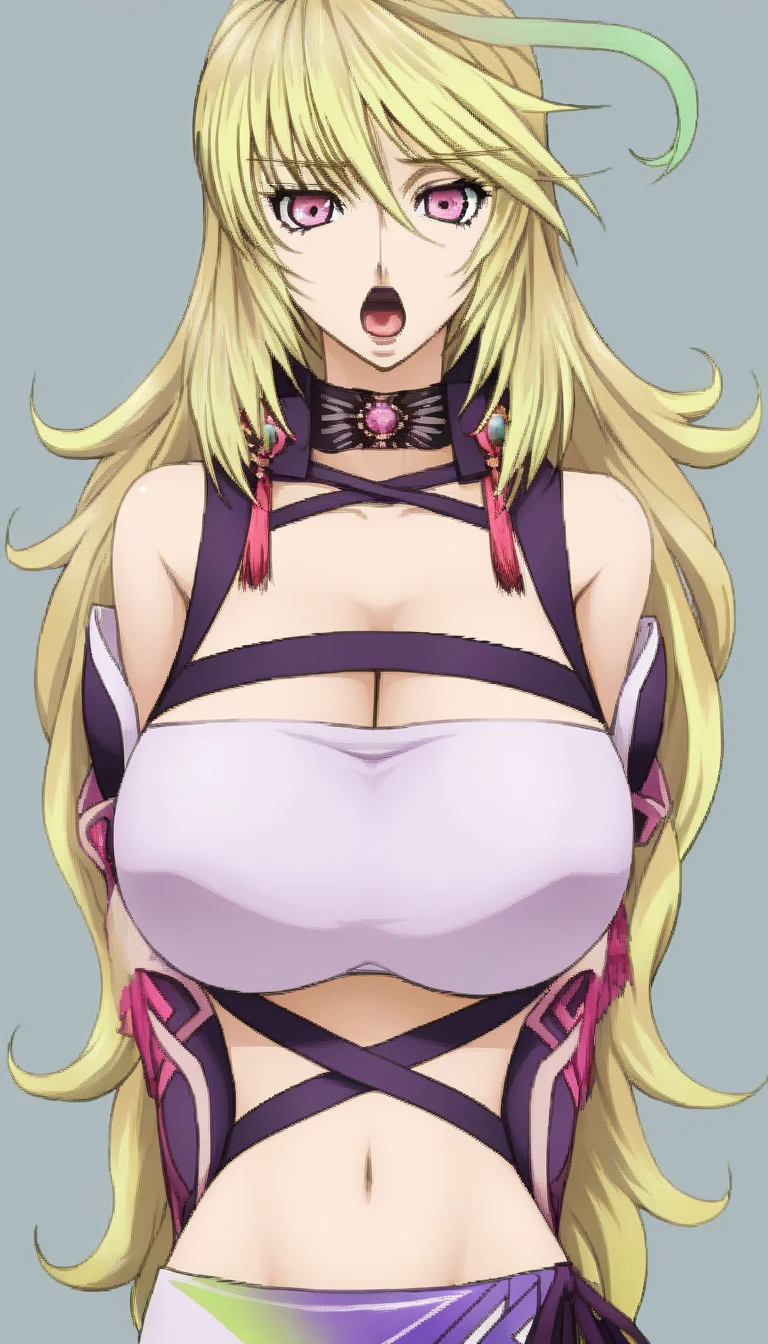 masterpiece,top-quality,source_anime,best quality, clear face,Milla Maxwell,tales of Xillia,1girl,solo,blonde hair, long hair,pink eyes,very large breasts,perfect body,beauty,very huge breasts,narrow waist,bust size is 200cm over,sexy,soaked,seductive anime girl, oppai,biomechanical oppai,oppai proportions,Both hands are tied behind their backs and restrained,put both hands behind her back,shiny breasts,well-shaped breasts,Moaning,Sensual,Breasts I want to squeeze